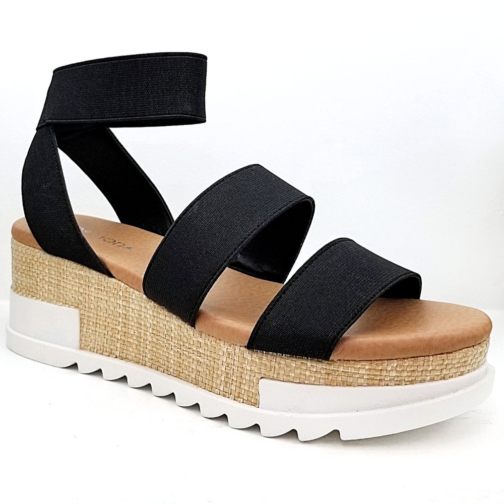 New Black Elastic Espadrille Platform Wedge Sandal
